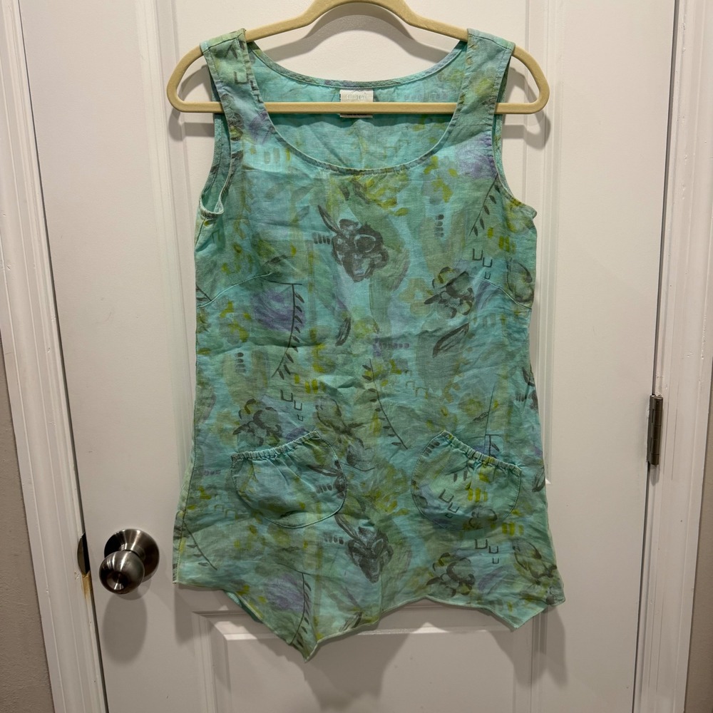 Click Women Sleeveless Tunic Top 100% Linen Abstract Floral Teal XS